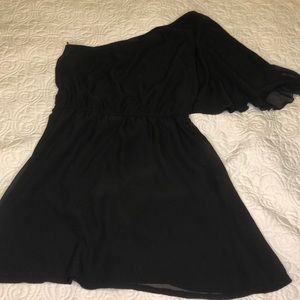 One shoulder flowy little black dress